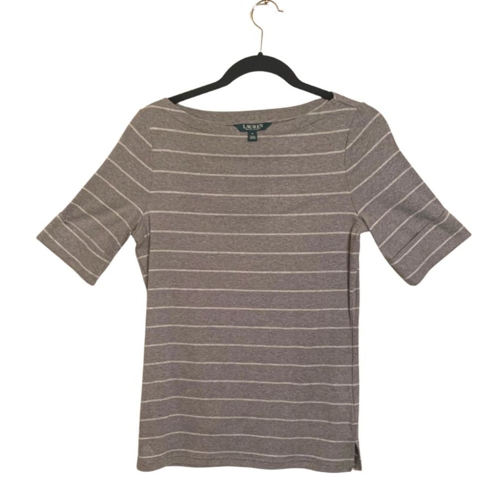 Ralph Lauren Stretch Stripe Gray Boatneck Top Size Medium NWOT